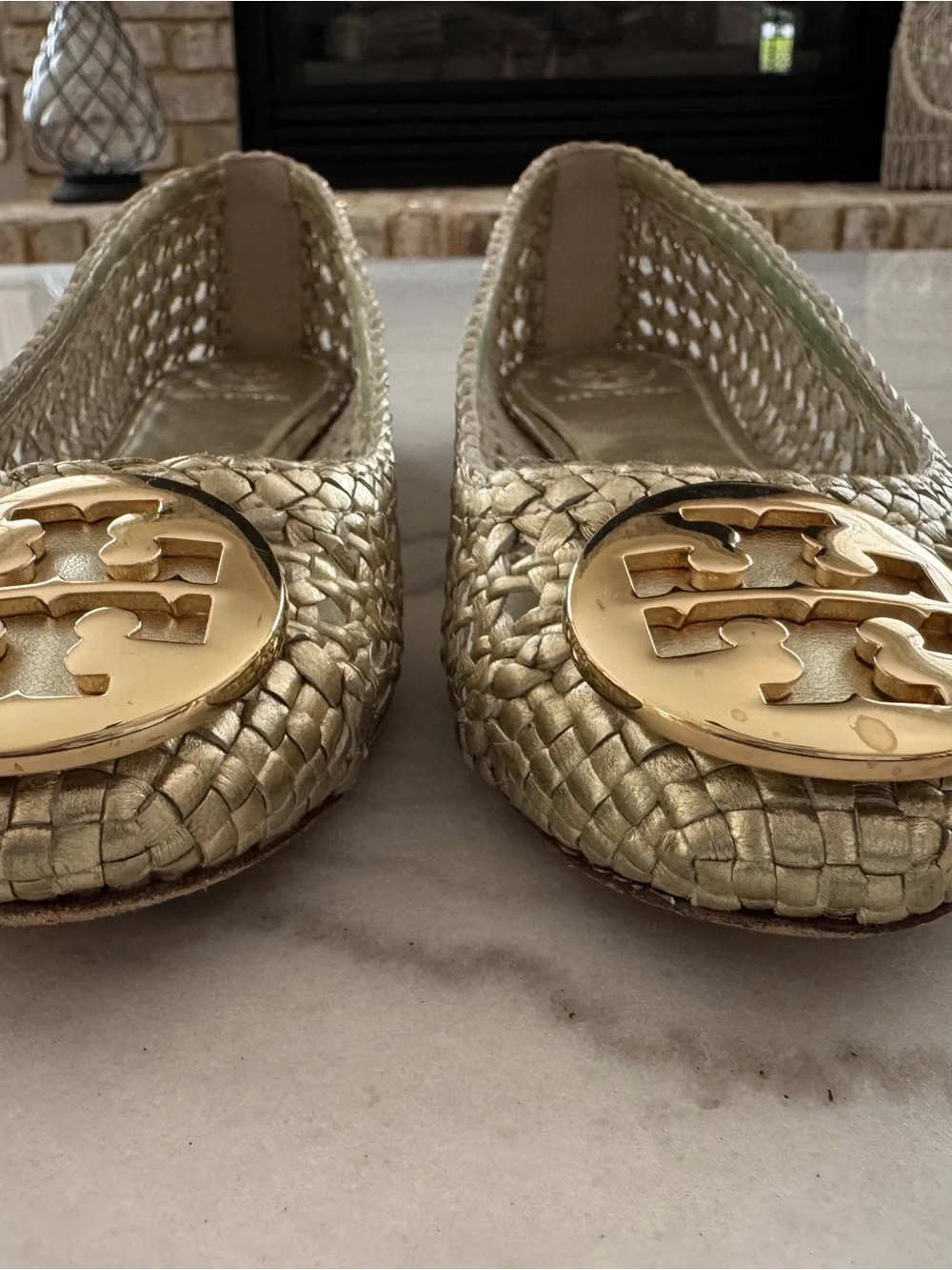 Tory Burch Metallic Gold Woven Logo Ballet Flats